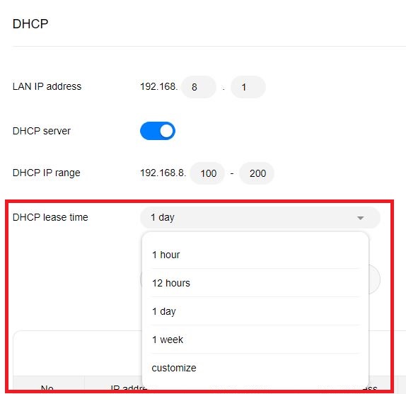 Select DHCP Lease time and save to continue